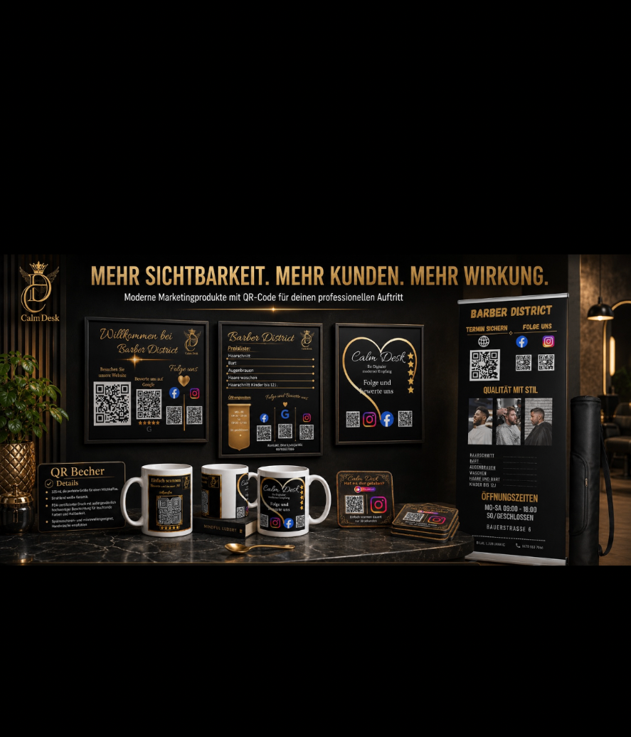 CalmDesk QR-Marketing Produkte – Wandbilder, Roll-Up, Becher, Untersetzer